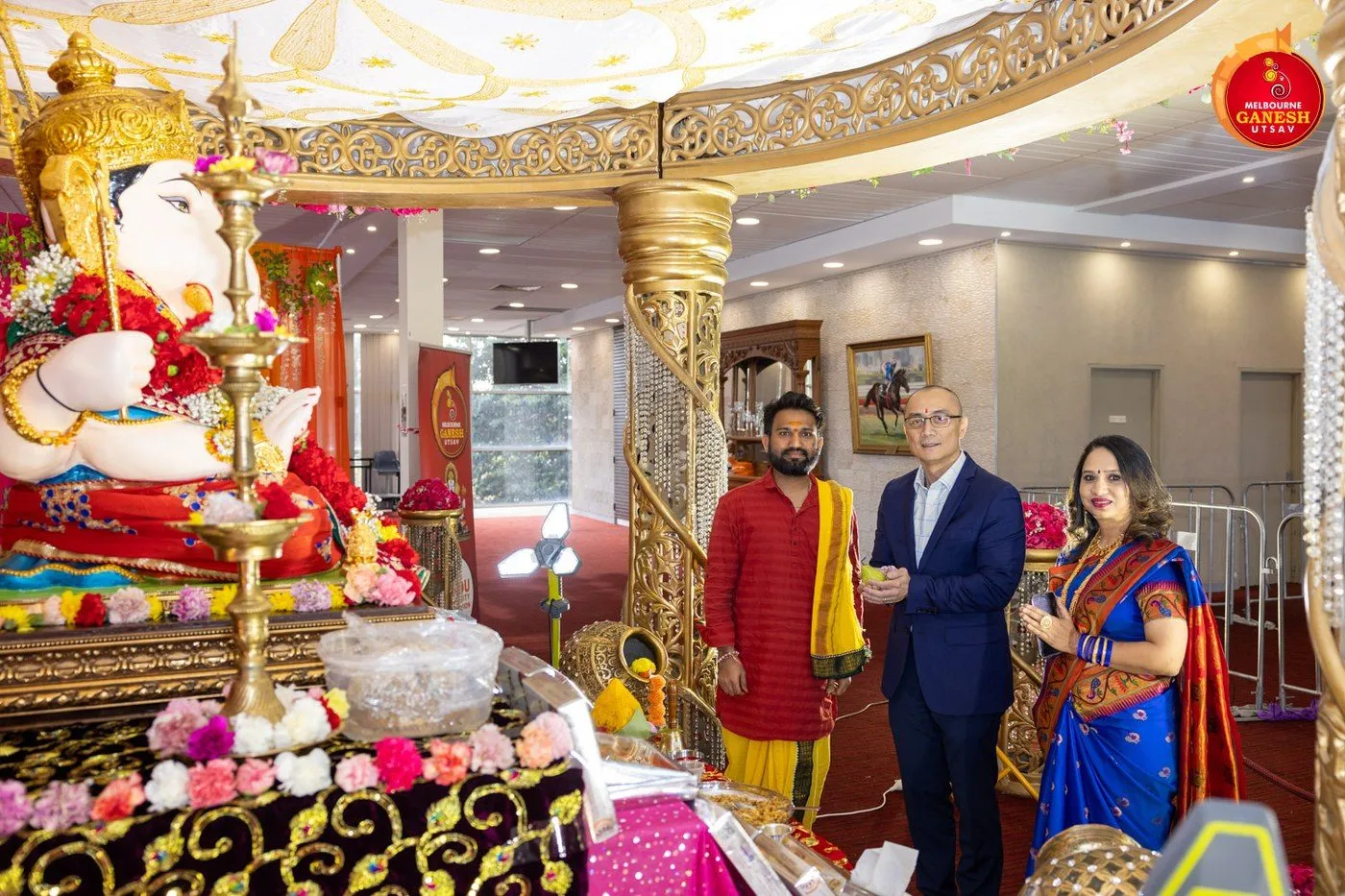 Ganesha idol on the decorated festival mandap
